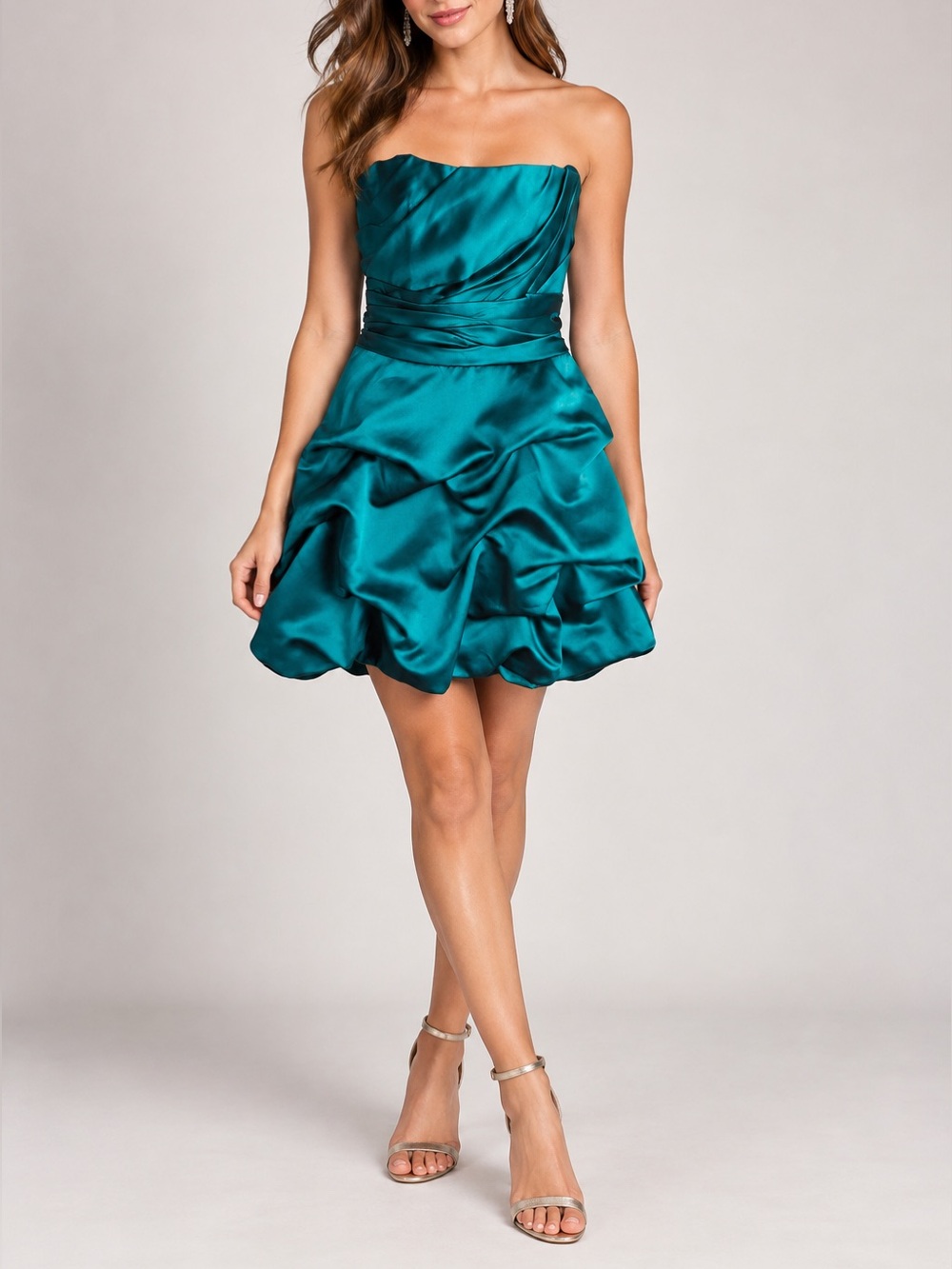 DAVID’S BRIDAL TEAL SATIN STRAPLESS RUFFLE COCKTAIL DRESS | SIZE 4